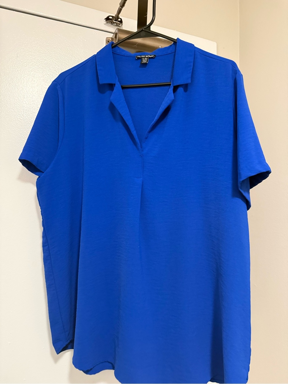 Hilary Radley Short-Sleeve V-Neck Collared Top - Cobalt Blue